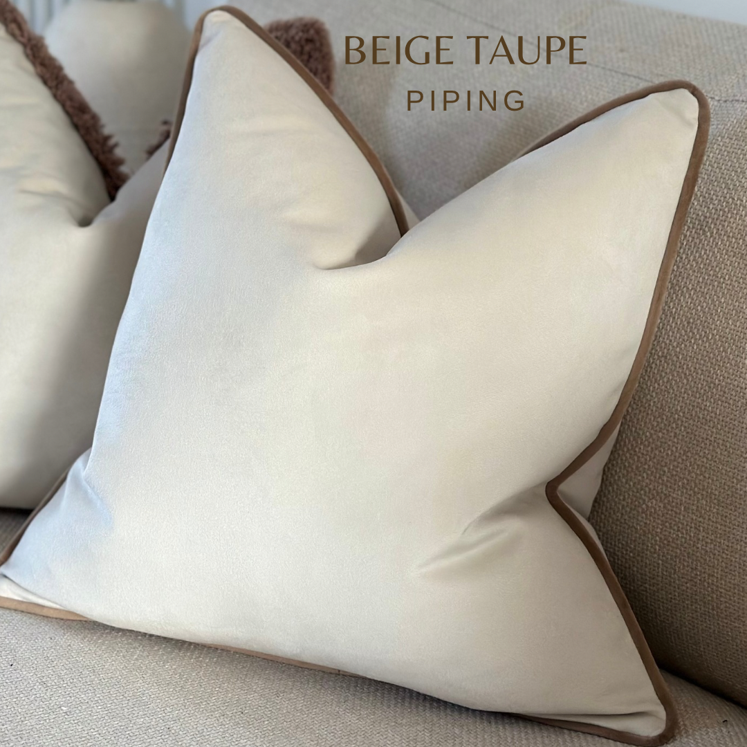 Luxury Ivory off white velvet cushion with beige taupe piping trims.