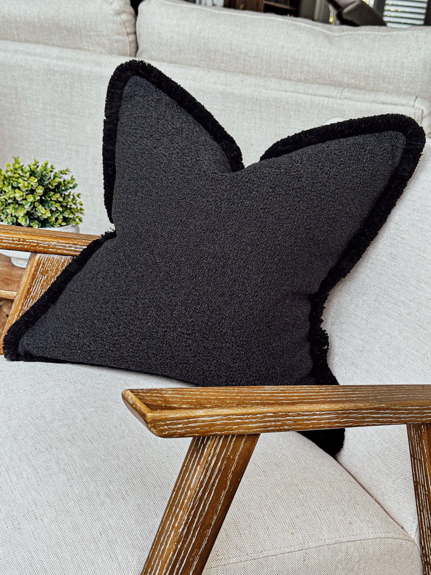 BLACK BOUCLE | Fringed Cushion
