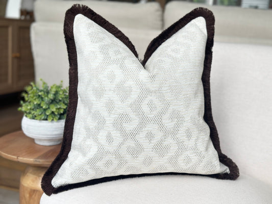 BELLA | Ivory Patterned Cushion - Fringed & Piped