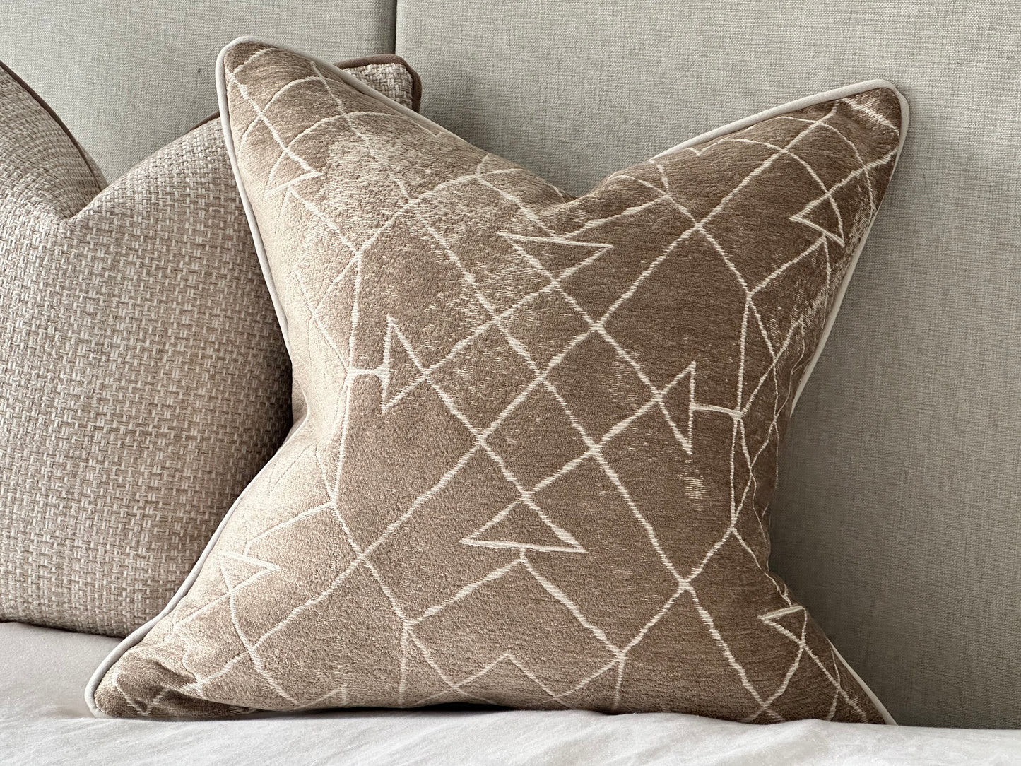 OAK | Taupe Geometric Cushion: Fringed & Piped