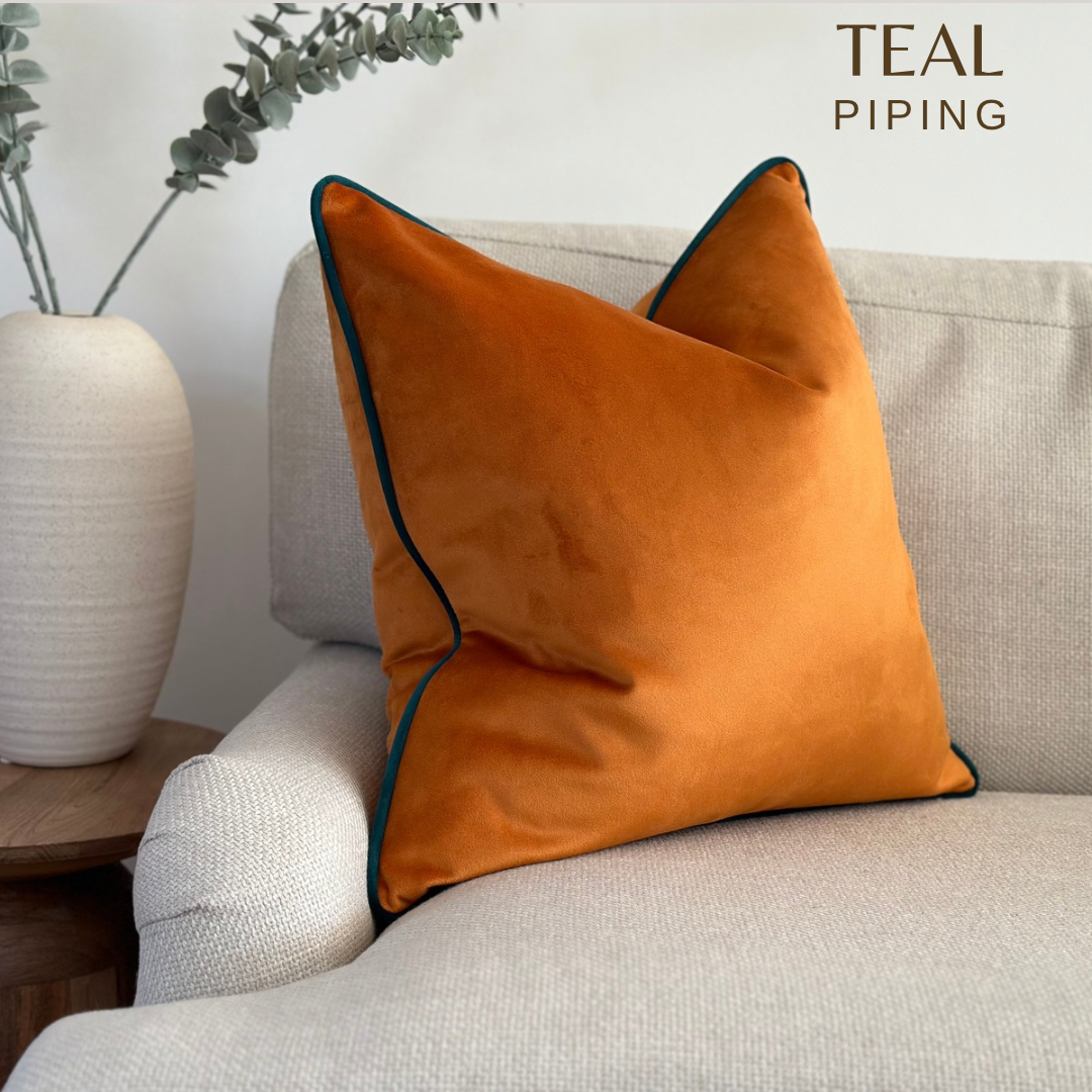 Orange velvet cushion with teal piping.