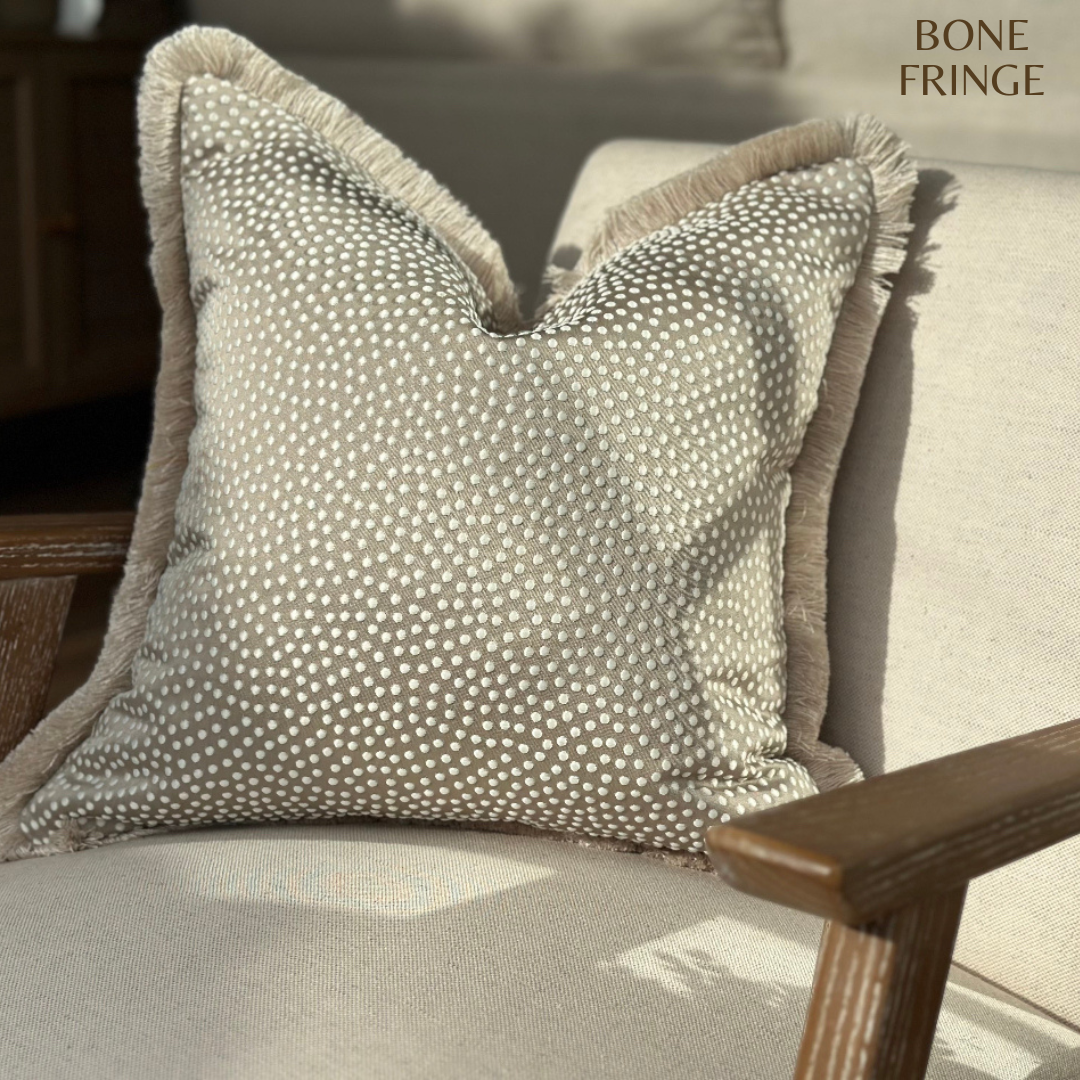 OYSTER | Taupe Satin Effect Cushion - Fringe & Piped