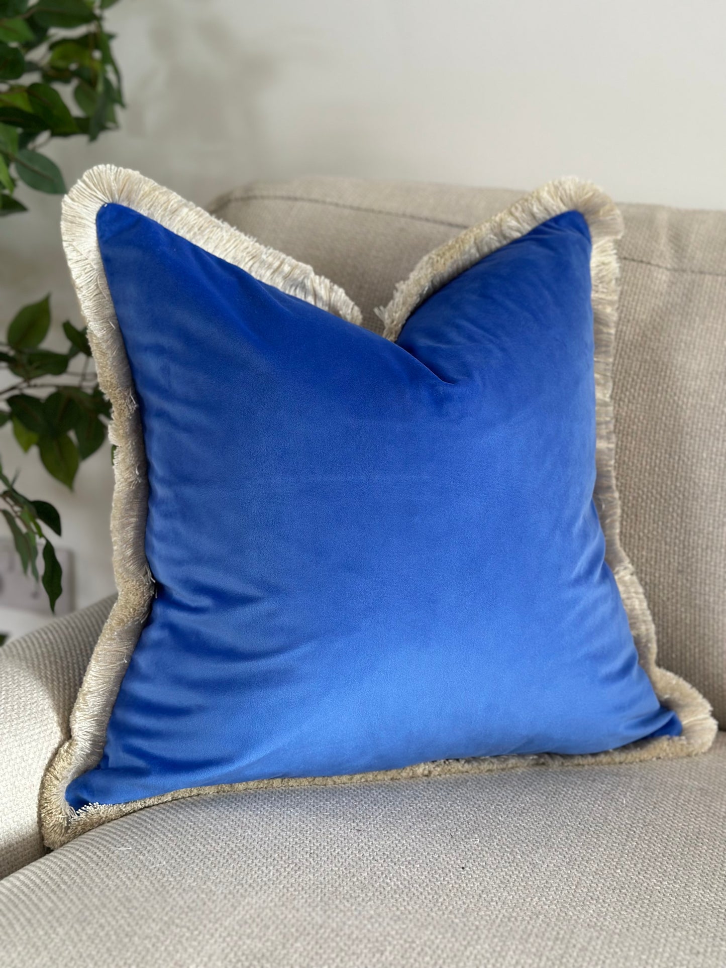 Cobalt blue velvet fringed cushion