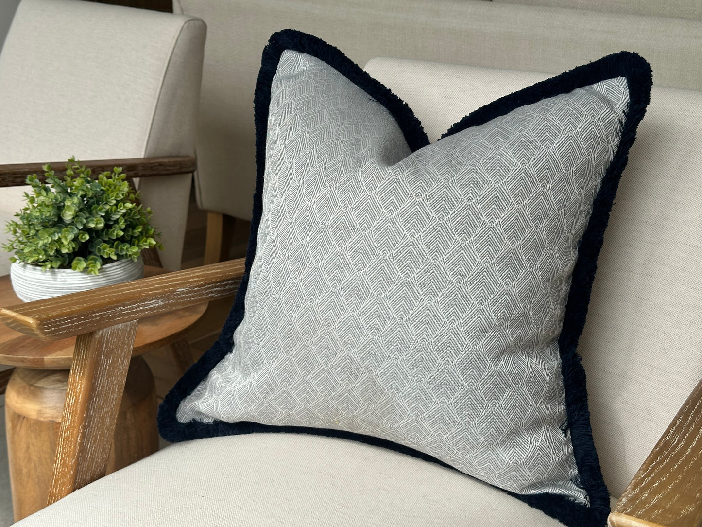 DELTA | Grey Silver Geometric Cushion - Fringed & Piped
