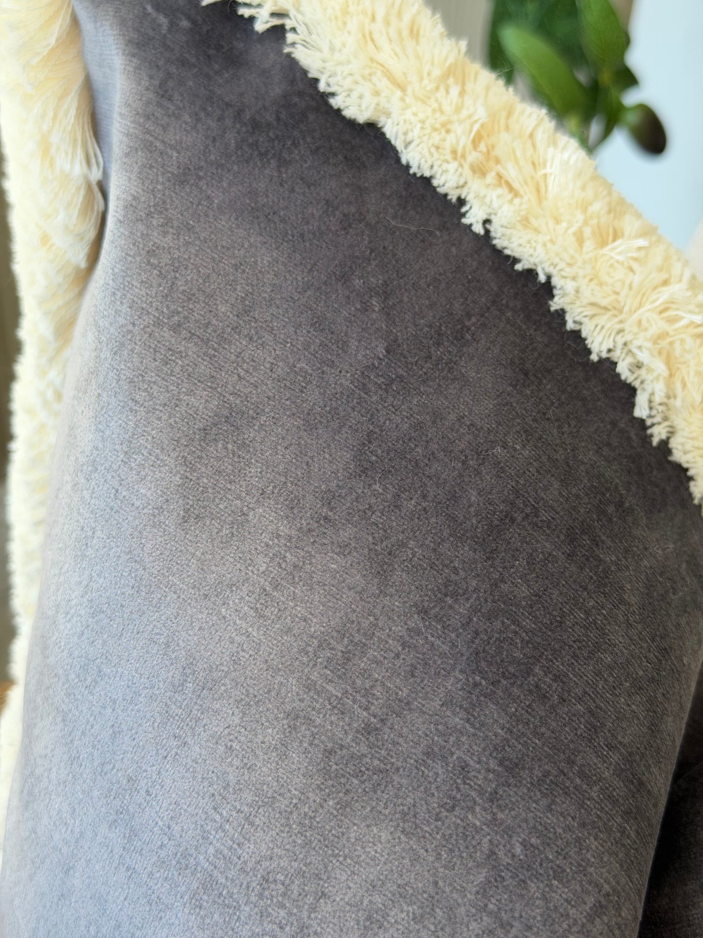 Grey velvet - cream fringe cushion cover