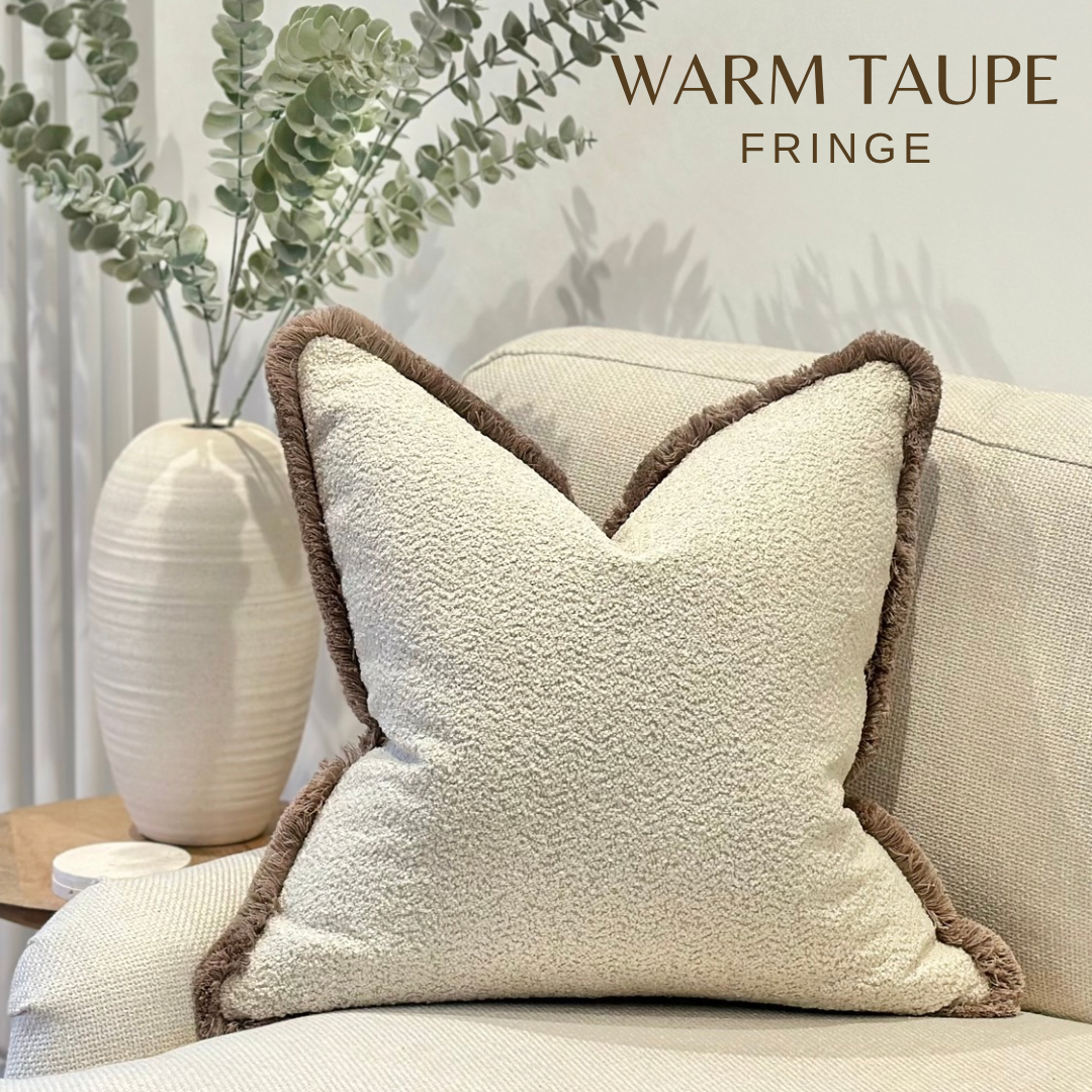 MUSHROOM BOUCLE | Cream Beige Cushion - Fringed & Piped