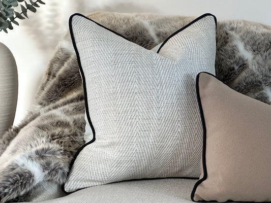 Luxury natural herringbone with black contrast piping trim.