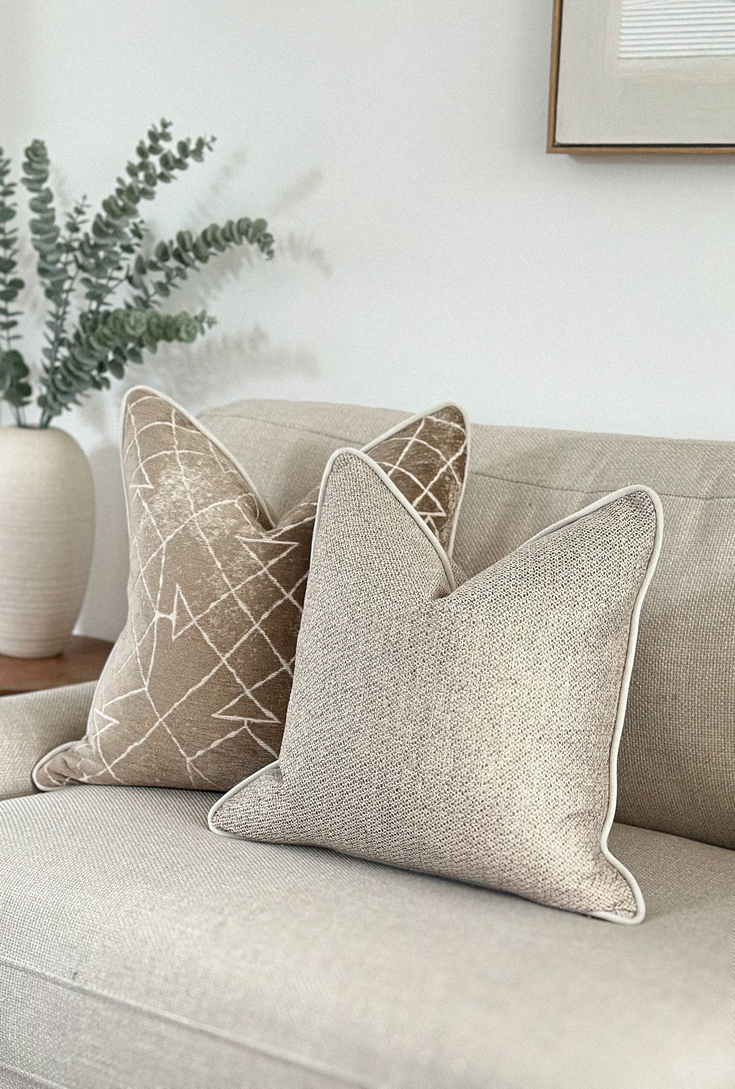 Warm beige woven pillow cover with subtle texture — ideal for classic, timeless interiors.