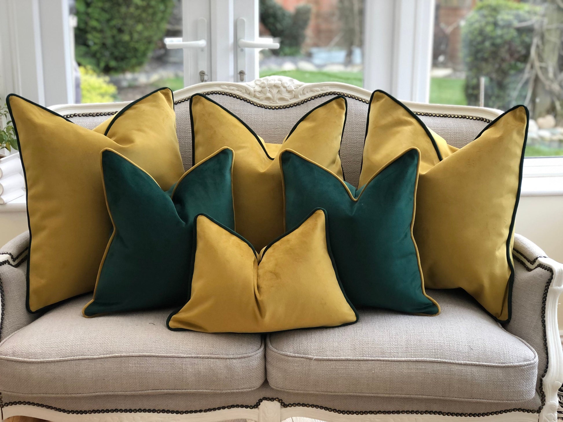 gold and green bedroom cushion set
