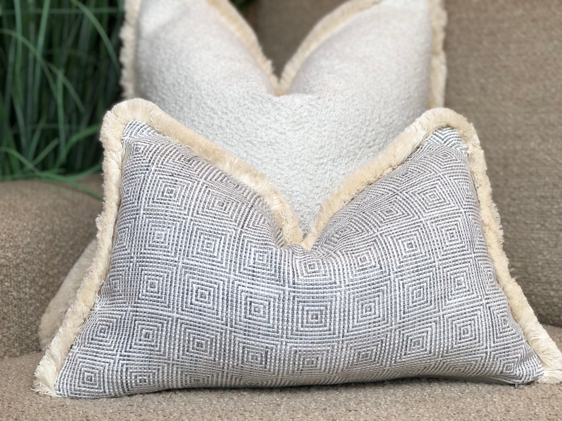 grey Geometric cushion with fringe