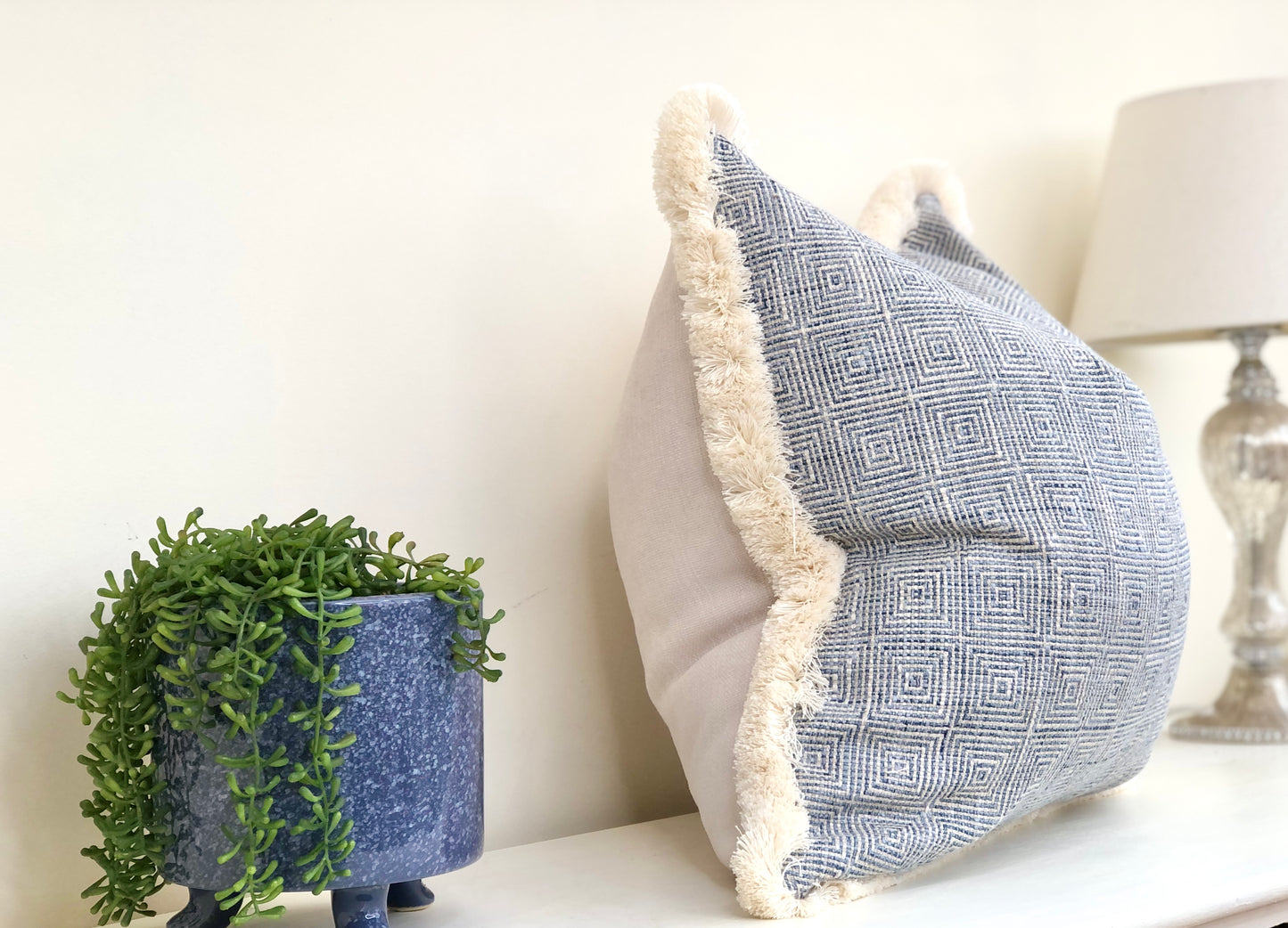 NEW ENGLAND BLUE | Luxury Geometric Cushion - Fringed & Piped