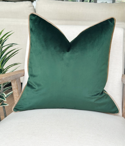 Luxury Jade green velvet cushion with customisable piping and size.