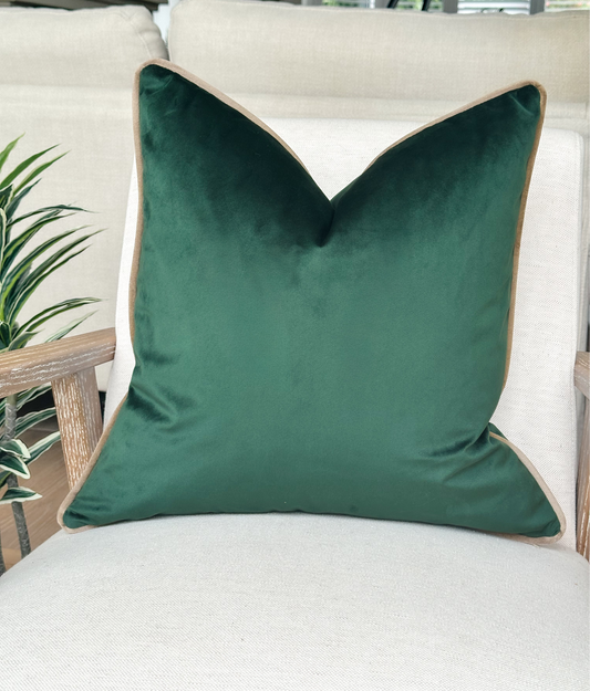 Luxury Jade green velvet cushion with customisable piping and size.