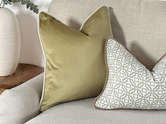 Sage green velvet cushion cover . Muted green tones for earthy country home decor.