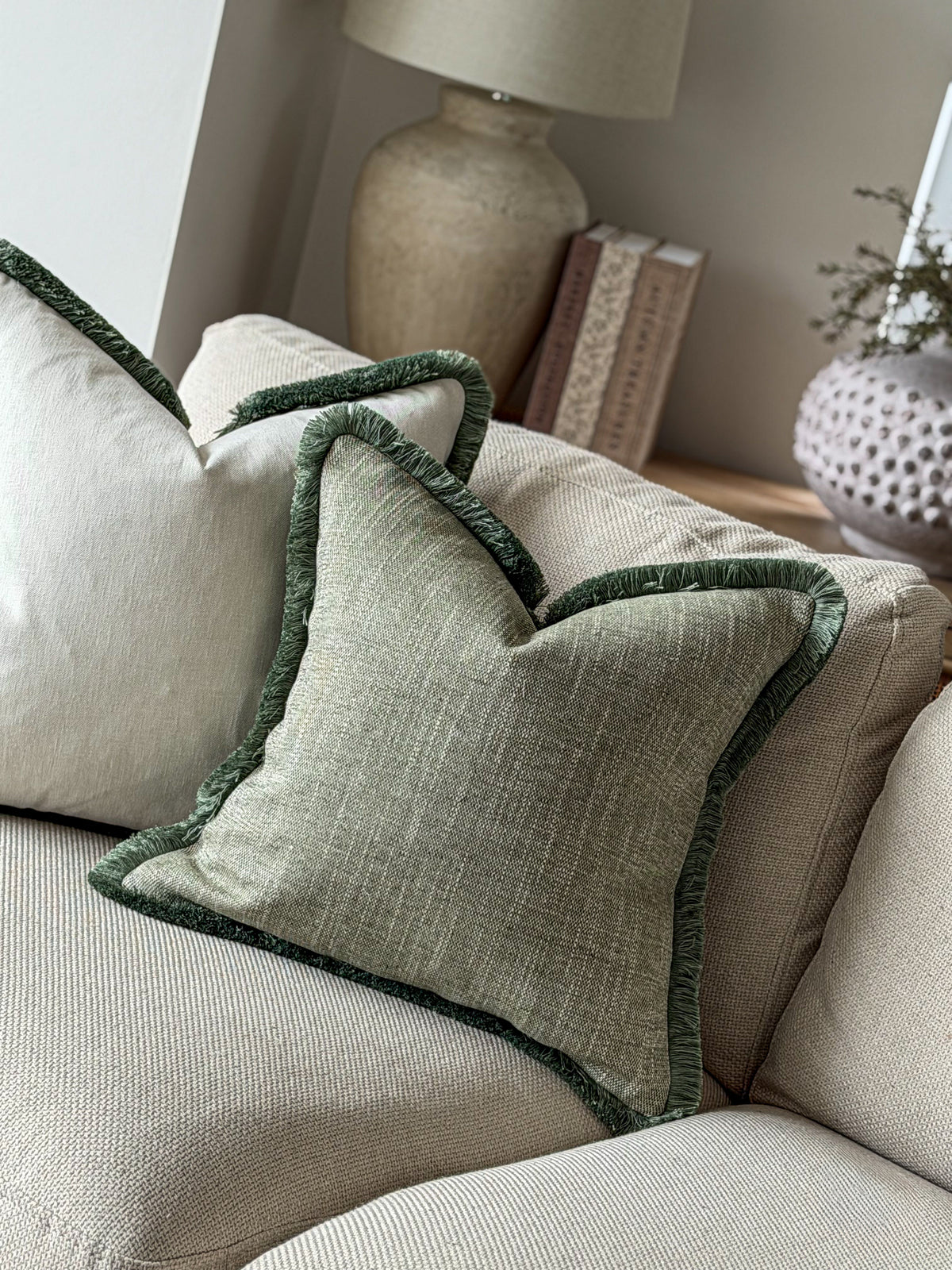 SAGE WEAVE | Sage Green Textured Fringed Cushion