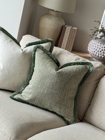 SAGE WEAVE | Sage Green Textured Fringed Cushion