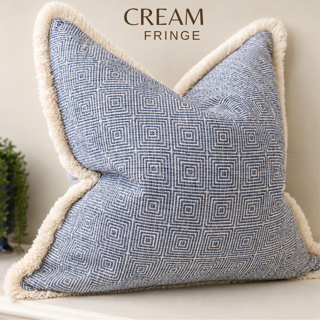 NEW ENGLAND BLUE | Luxury Geometric Fringed Cushion