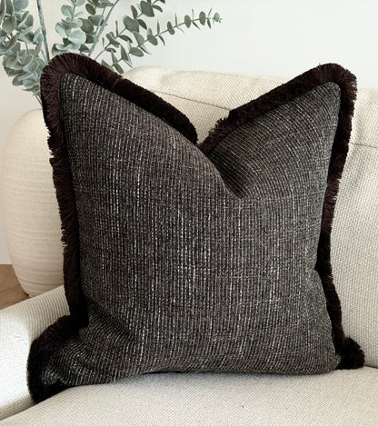 Textured Dark Chocolate Cushion | Fringed & Piped