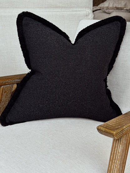 BLACK BOUCLE | Fringed Cushion