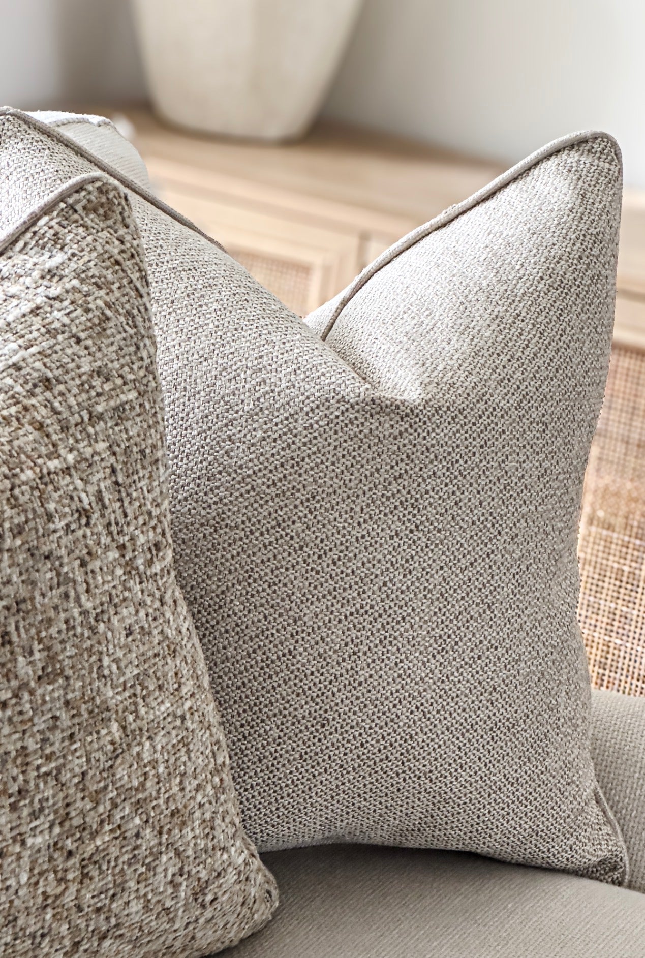 YORK | Textured Warm Beige Cushion: Fringed & Piped