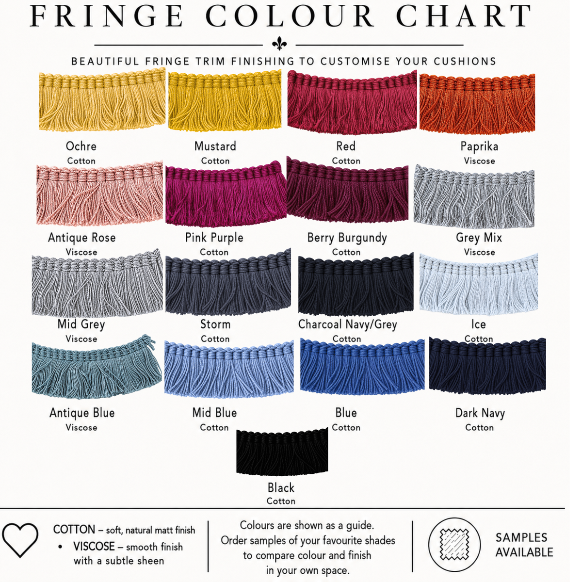 The image is a color chart that provides a visual guide to the different fringe colors available for customizing cushions. It displays a variety of fringes in various colors, such as yellow, mustard, red, and blue, among others. The chart also includes a sample of the fringes available, allowing customers to compare the colors and finishes before making a decision on their own cushions.