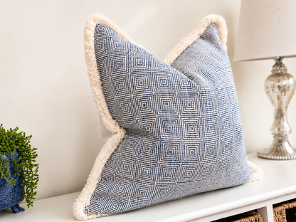 NEW ENGLAND BLUE | Luxury Geometric Fringed Cushion