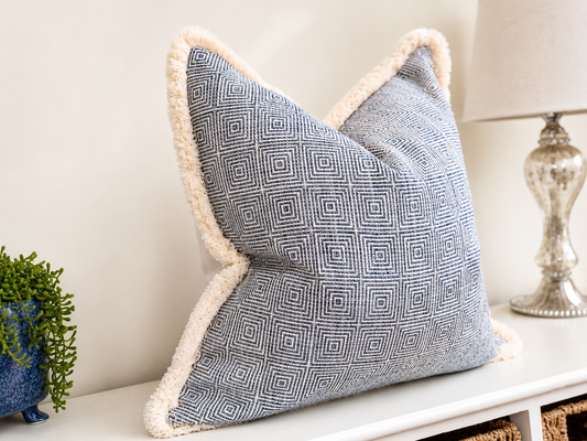 NEW ENGLAND BLUE | Luxury Geometric Fringed Cushion