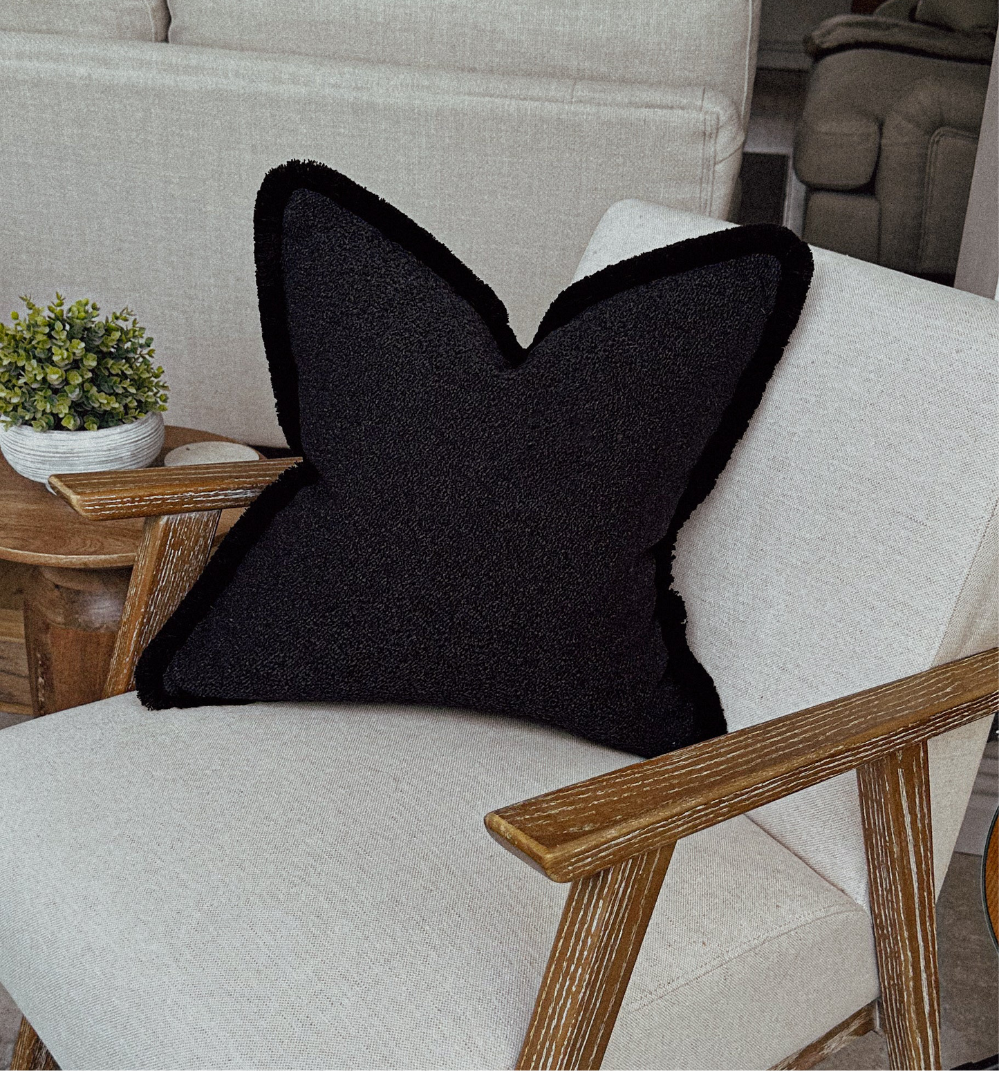 BLACK BOUCLE | Fringed Cushion