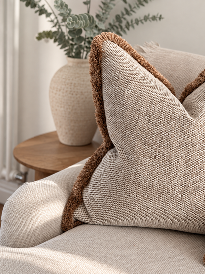 OAKLEY BEIGE| Textured Weave Fringed Cushion