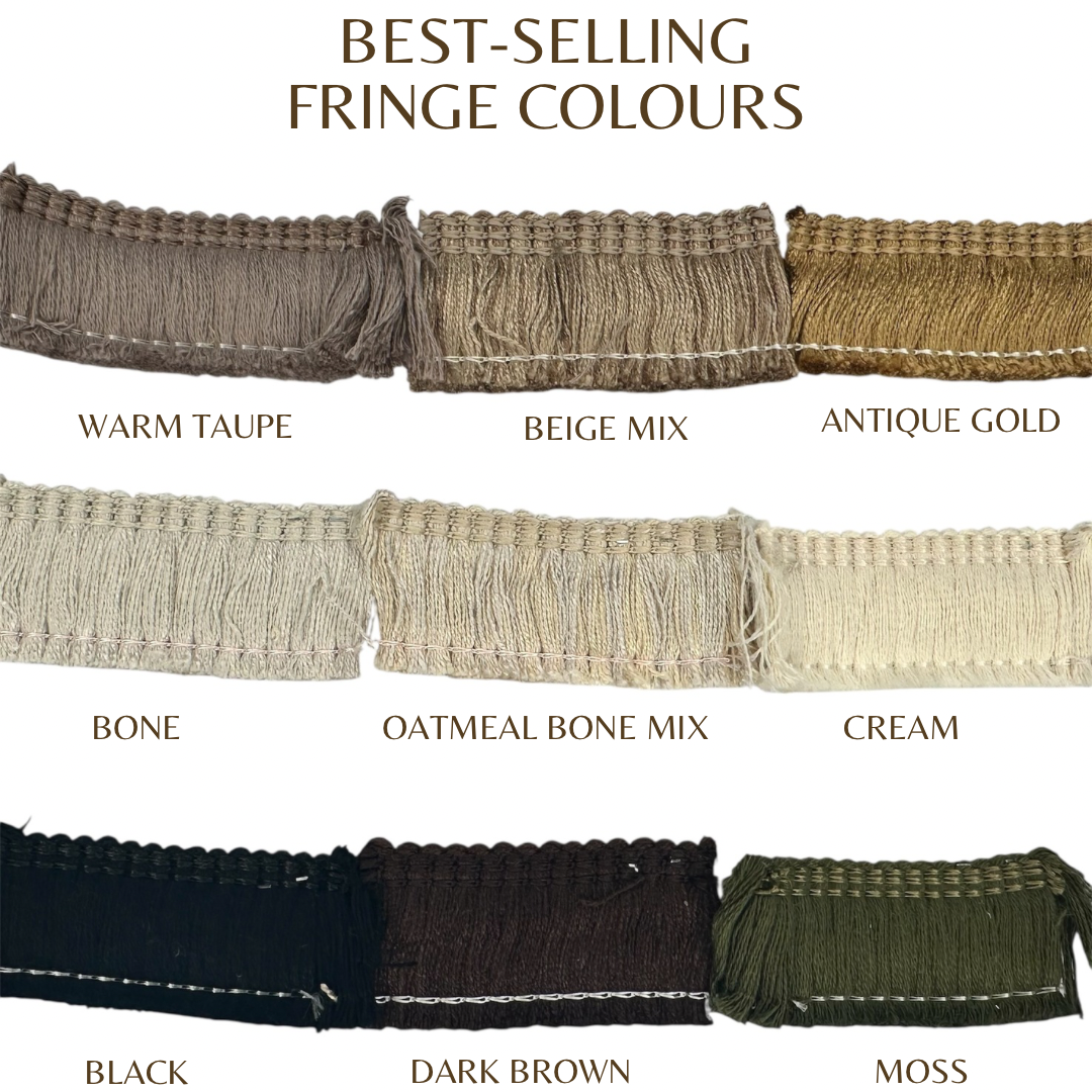 a collection of fringe colors, including warm taupe, beige mix, antique gold, bone, oatmeal bone mix, cream, black, dark brown, and moss.