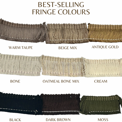 a collection of fringe colors, including warm taupe, beige mix, antique gold, bone, oatmeal bone mix, cream, black, dark brown, and moss.