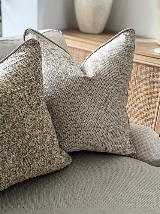 YORK | Textured Warm Beige Cushion: Fringed & Piped