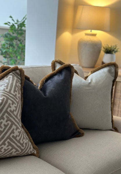 LUXURY CHARCOAL | Velvet Cushion - Fringed & Piped