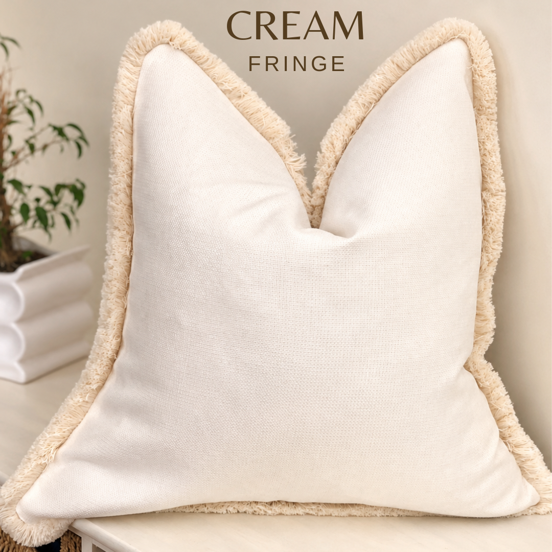 LIGHT CREAM | Linen Look Fringed Cushion