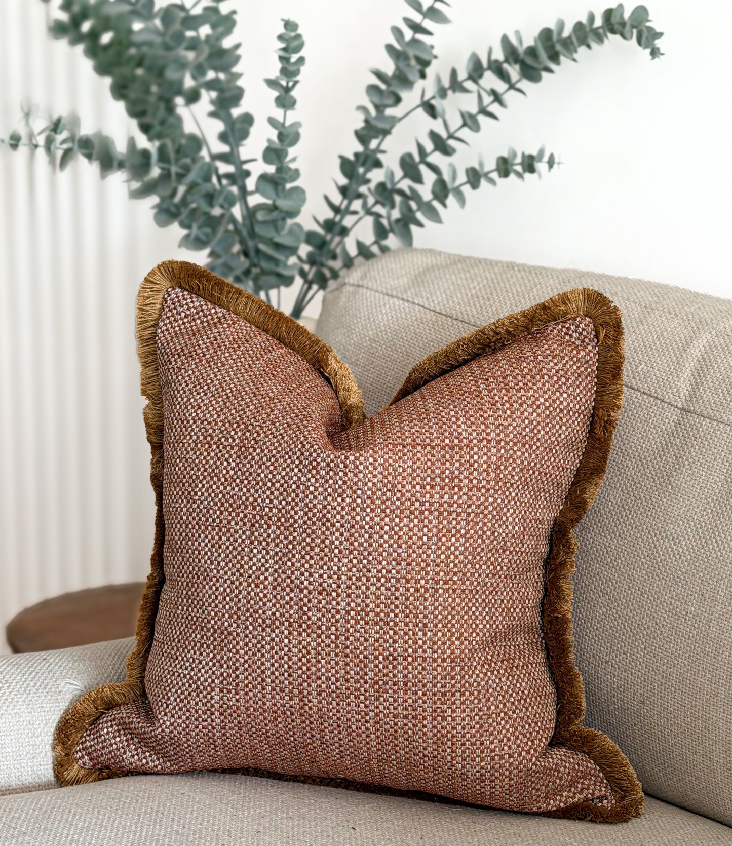 Warm Terracotta Cushion. - Fringed & Piped