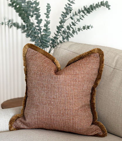 Warm Terracotta Cushion. - Fringed & Piped