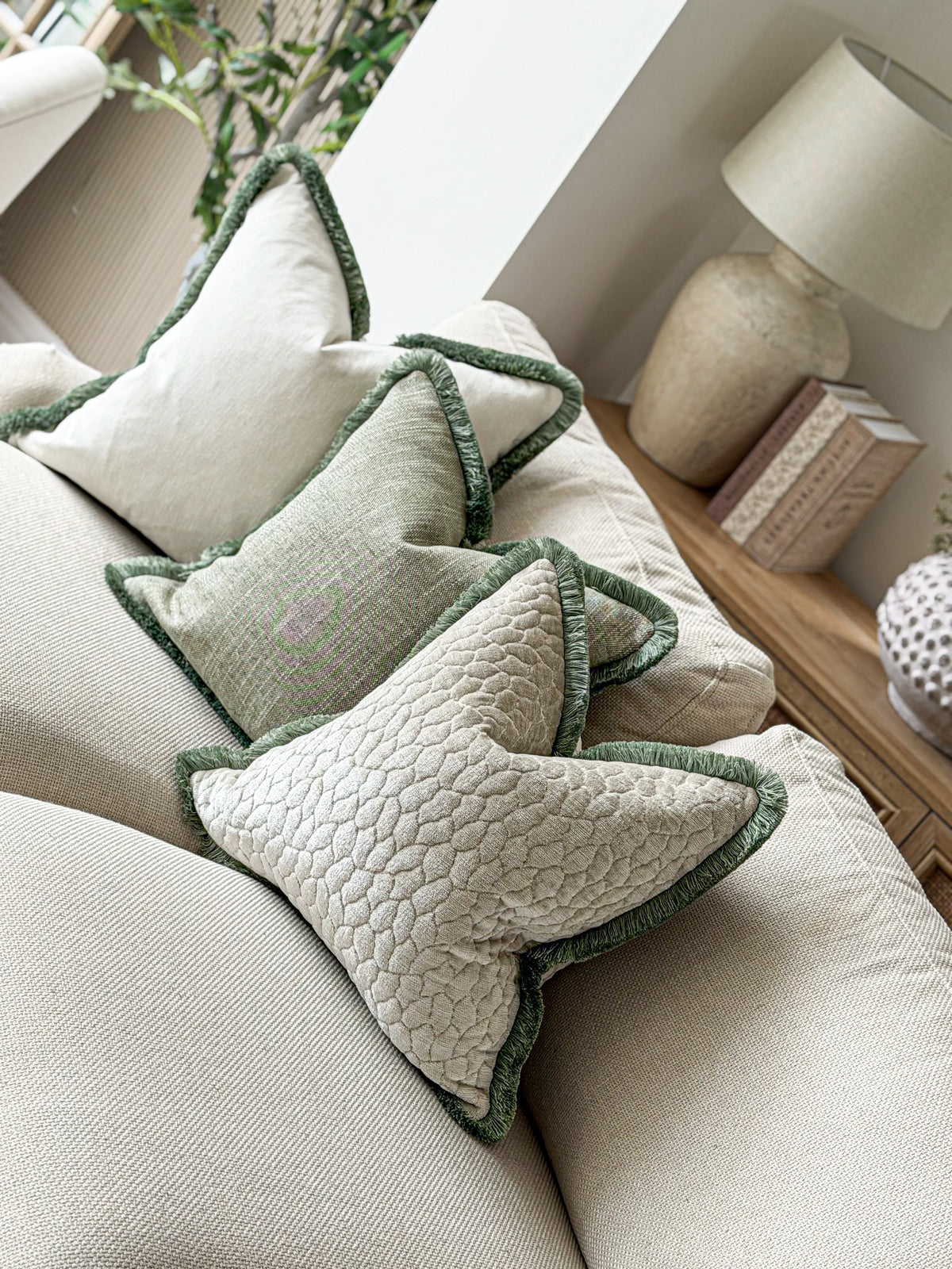 SAGE WEAVE | Sage Green Textured Fringed Cushion