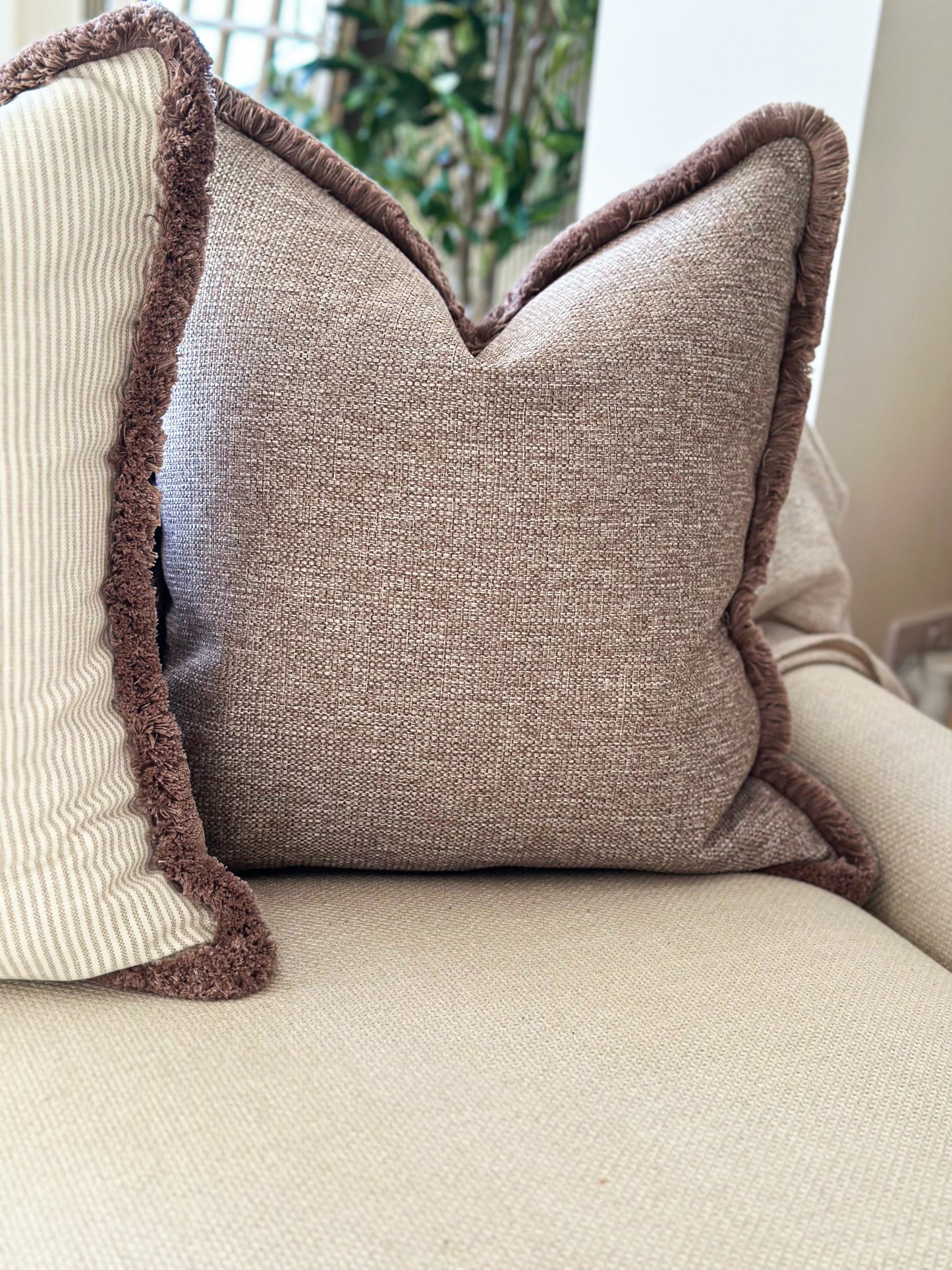 TEXTURED TAUPE | Taupe Textured Cushion - Fringed & Piped
