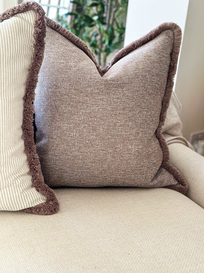 TEXTURED TAUPE | Taupe Textured Cushion - Fringed & Piped