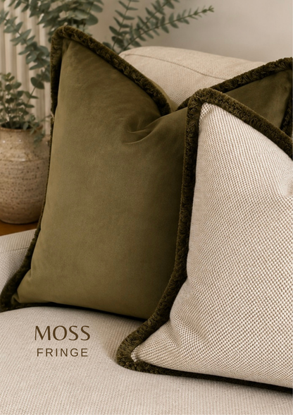 MOSS VELVET | Green Fringed Cushion