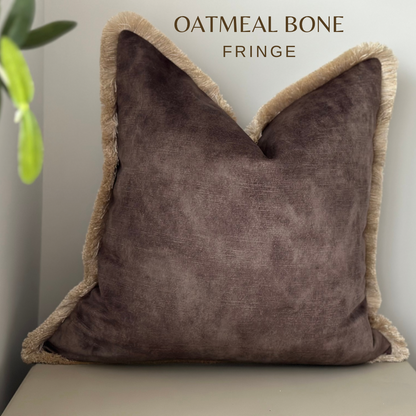 The best affordable Luxury brown designer cushions. Customisable choice of fringe trim and sizes.