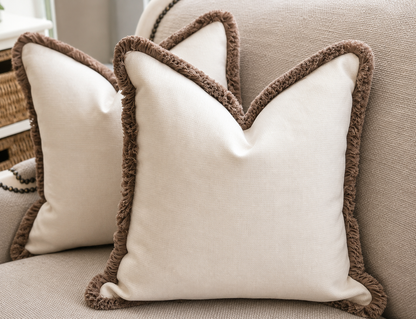 LIGHT CREAM | Linen Look Fringed Cushion