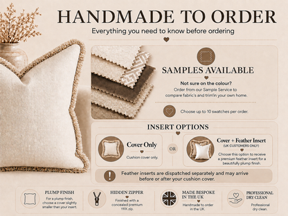The image is a collage of various images related to home furnishings and decor, including samples, insert options, and cushion covers.