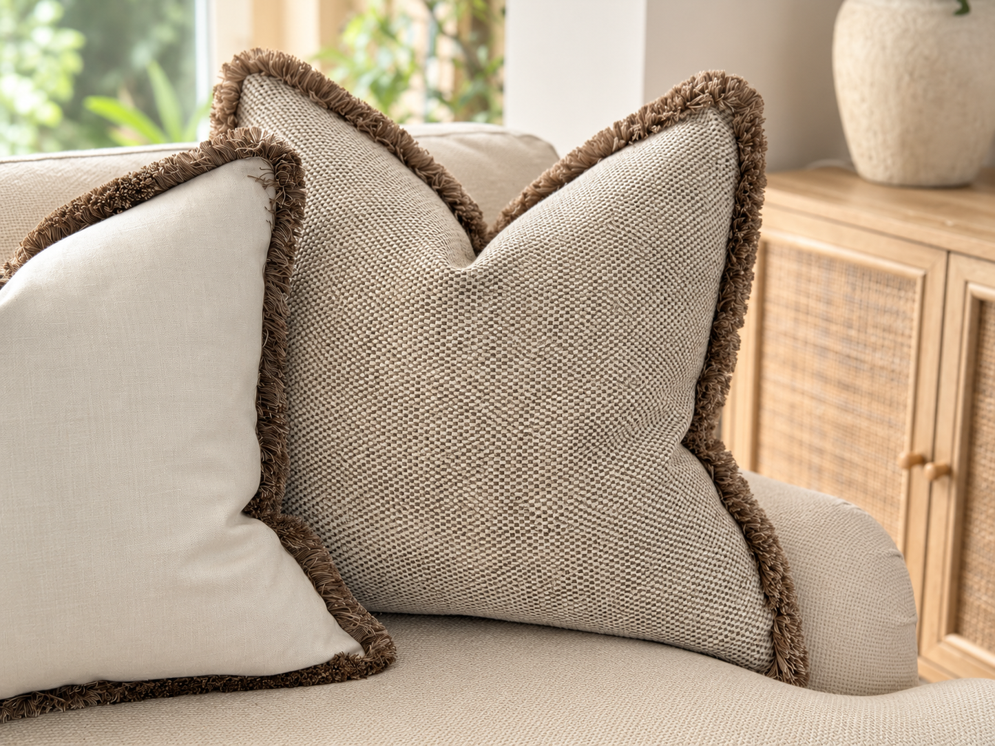 OAKLEY BEIGE| Textured Weave Fringed Cushion