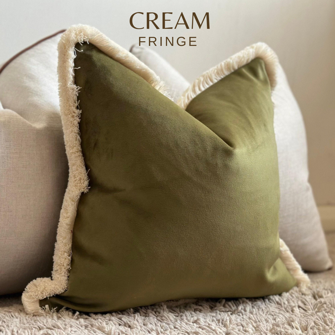 Olive moss green cushion cover with cream fringe