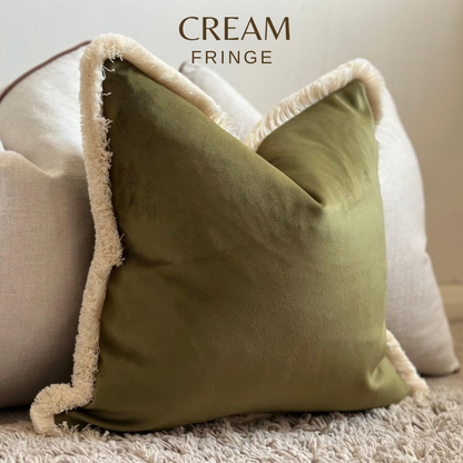 Olive moss green cushion cover with cream fringe