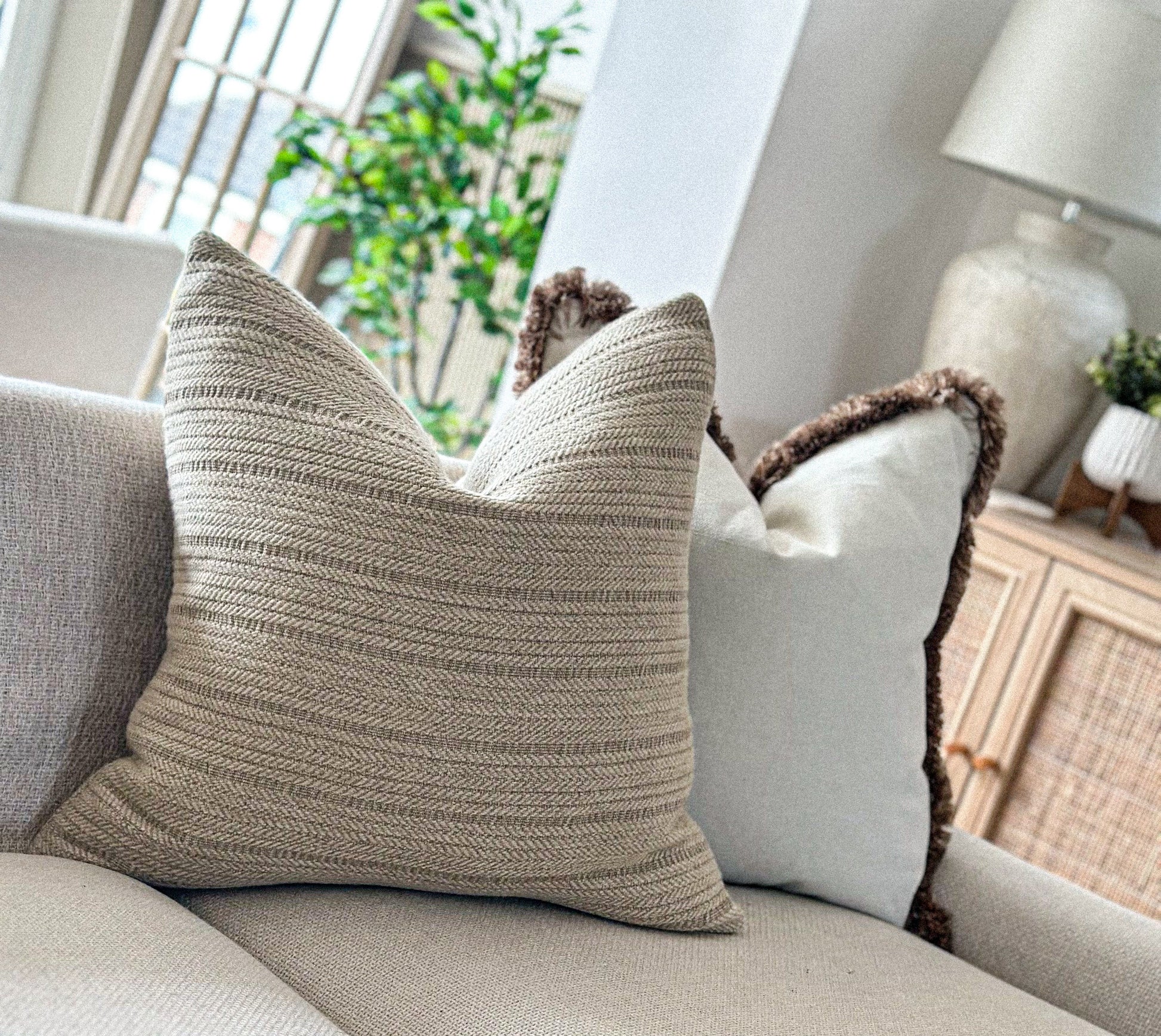 Rustic taupe woven cushion / pillow cover — perfect for relaxed, natural home décor