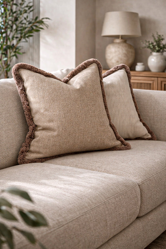Cosy Beige herring bone cushion with fringe trim