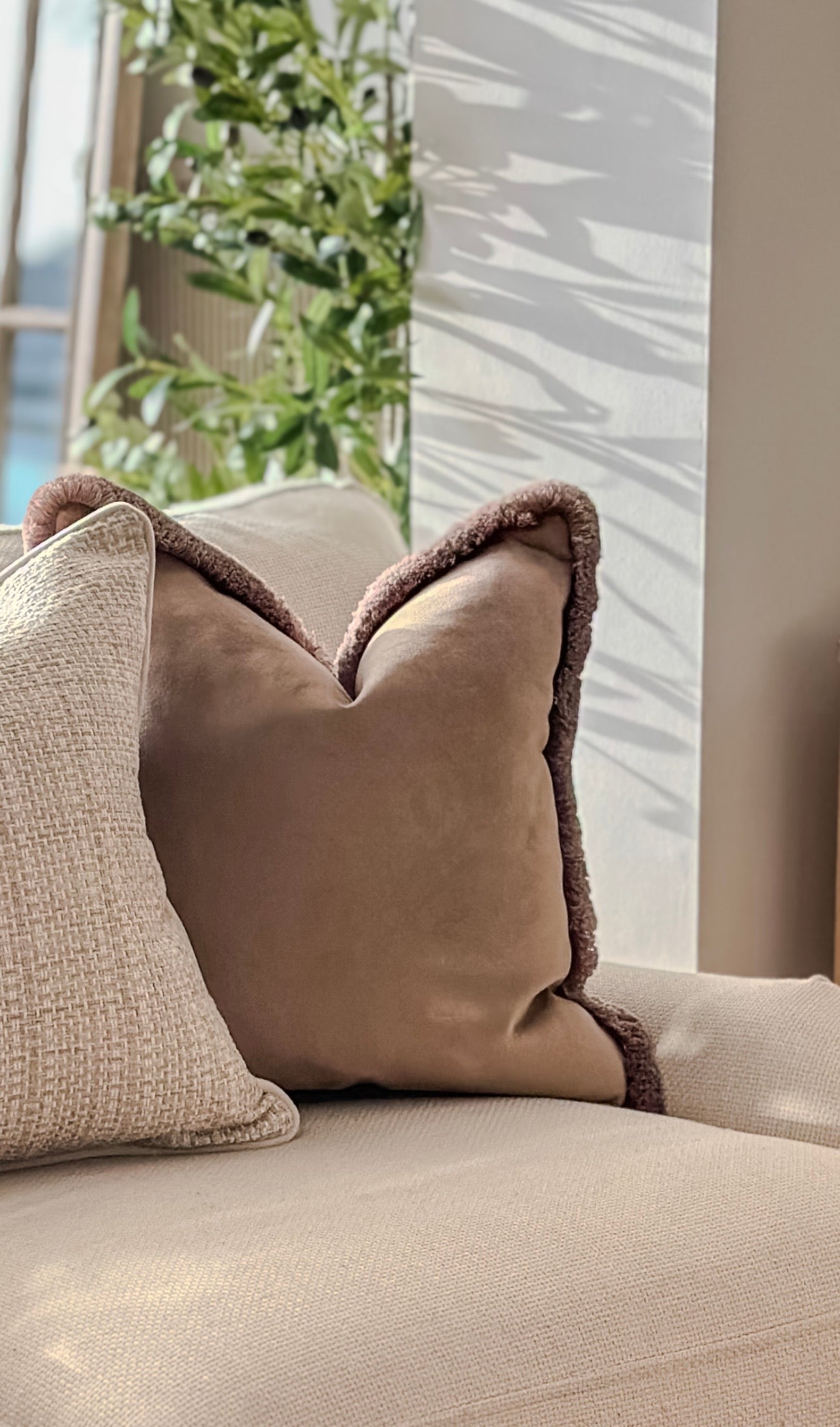 Luxury beige velvet cushion with fringe trim