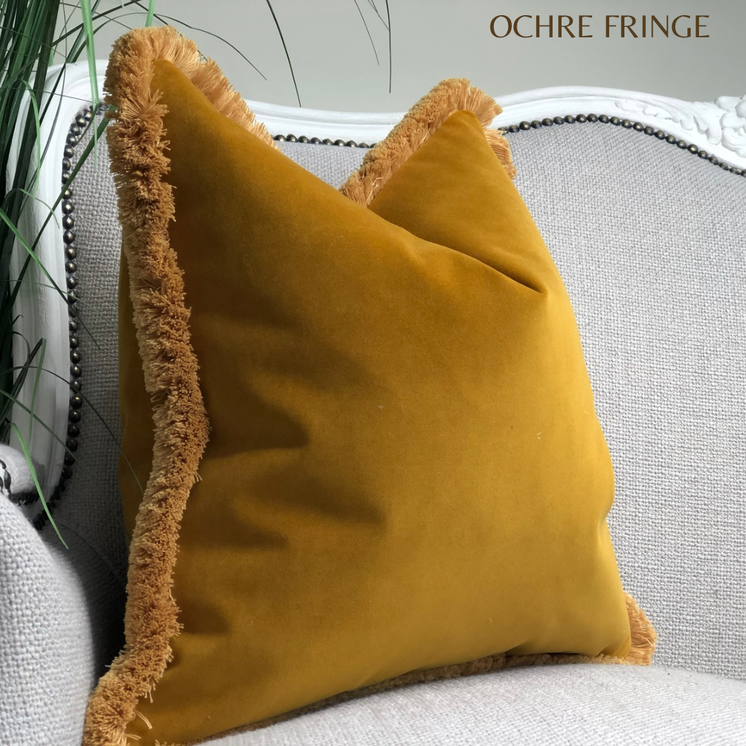 DEEP MUSTARD | Velvet Cushion - Fringed & Piped
